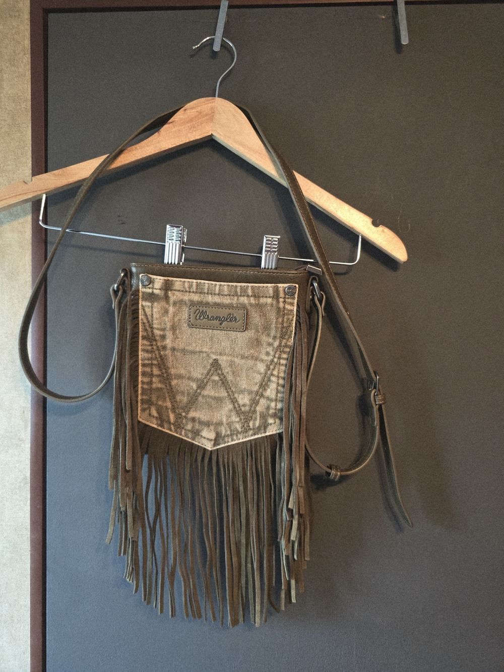 Wrangler Olive Green Suede Fringe Crossbody with Denim Pocket Accent